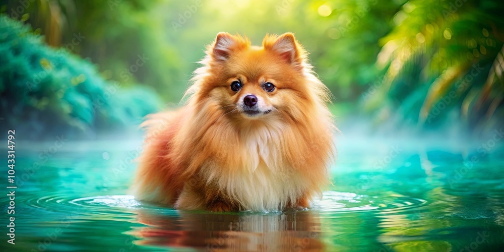 Obraz premium A Lush Green Forest Canopy Reflects in the Tranquil Water as a Small Orange Dog Stands Midstream, Its Fur Matted and Wet, Its Eyes Gazing Serene and Curious