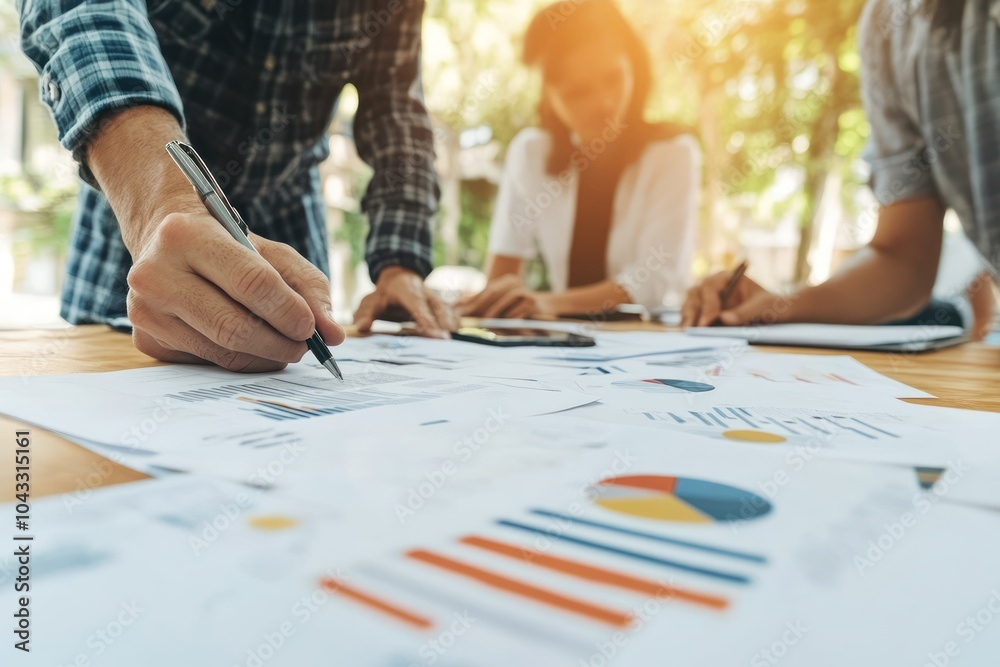 Businesspeople working together on a project, analyzing data and brainstorming ideas. Businesspeople working together on a project, analyzing data and brainstorming ideas.