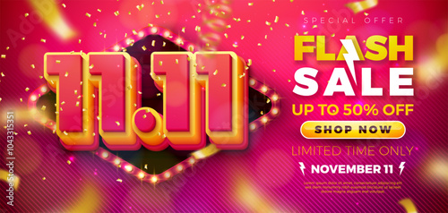11 November Shopping Day Flash Sale Design with 3d 11.11 Number, Light Bulb Billboard and Stage Podium on Red Background. Vector Special Offer 50 Percent Off Campaign Discount Illustration for Coupon