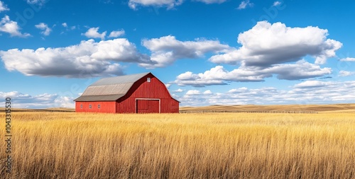 A vibrant red barn stands alone in a golden field under a bright blue sky filled with fluffy clouds during the dayA vibrant red barn stands alone in a golden field under a bright blue sky filled with 