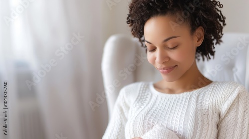 A serene woman in a cozy sweater gently cradles her baby while sitting in a bright, soft-lit room.