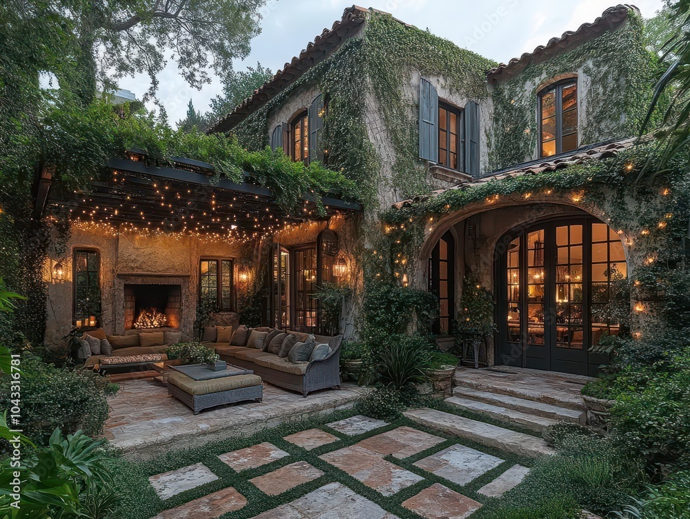 Fototapeta premium charming outdoor patio with stylish seating, adorned with lush greenery and twinkling fairy lights, creating an inviting atmosphere for relaxed gatherings and cozy conversations under the evening sky
