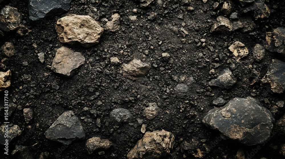 Dark Ground with Scattered Stones - Realistic Image Dark Ground with Scattered Stones - Realistic Image