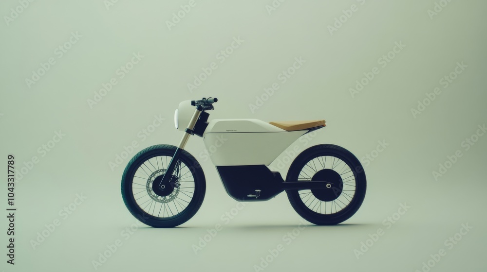 White electric motorcycle with a brown leather seat against a white background.