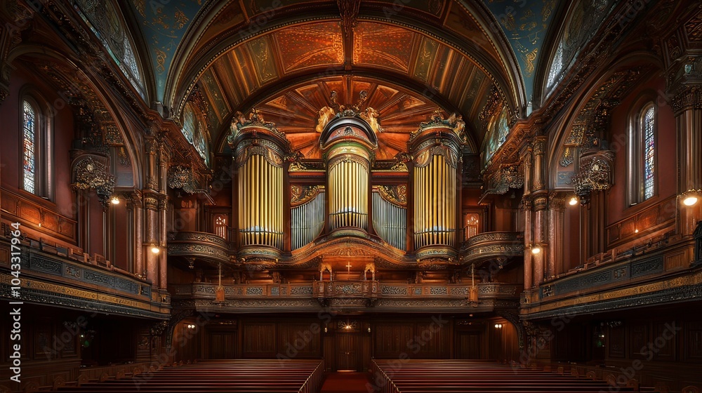 Fototapeta premium A large pipe organ inside a historic church, showcasing its intricate design.