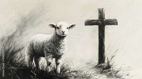 Wallpaper Mural A charcoal sketch depicting an Easter lamb standing near a cross, using light shading and expressive lines to convey peace and spirituality Torontodigital.ca