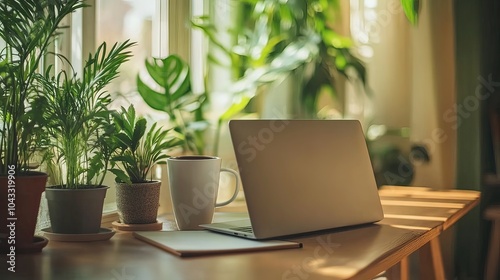 A minimalist workspace featuring a laptop, coffee cup, and plants, creating a calm and productive environment