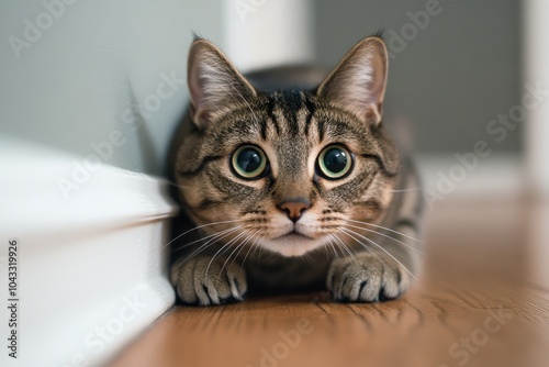 Tabby cat crouched low with wide eyes, ready to pounce