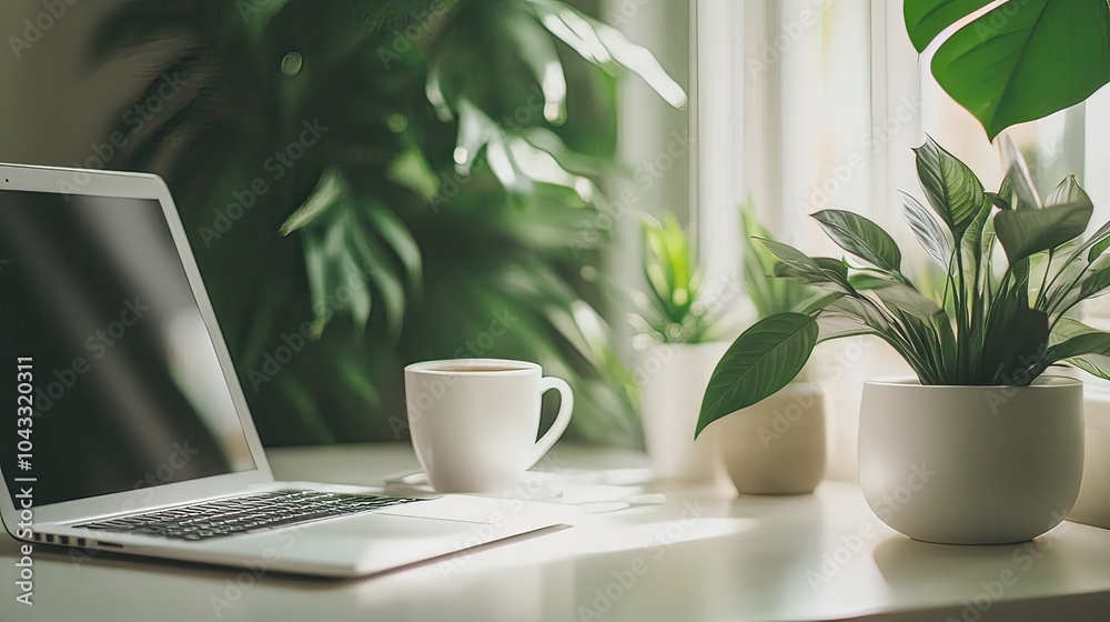 A minimalist workspace featuring a laptop, coffee cup, and plants, creating a calm and productive environment A minimalist workspace featuring a laptop, coffee cup, and plants, creating a calm and productive environment