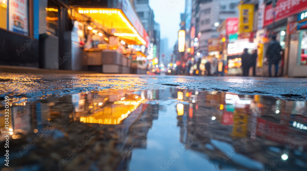 Obraz premium vibrant city street scene reflects colorful lights in puddle, showcasing lively atmosphere of urban life. wet pavement adds unique perspective to bustling environment