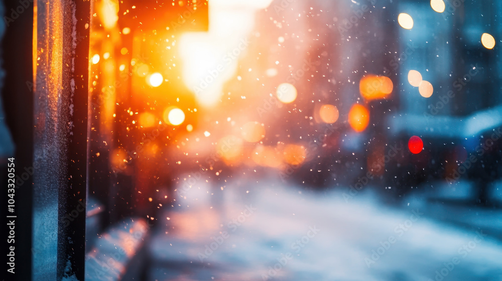 Fototapeta premium beautiful winter scene captures snowflakes gently falling in city street, illuminated by warm sunset hues. soft glow of streetlights adds magical touch to atmosphere