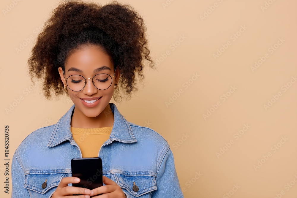 A Business Professional in a Denim Jacket, Standing Against a Beige Background, Using Her Smartphone With Confidence A Business Professional in a Denim Jacket, Standing Against a Beige Background, Using Her Smartphone With Confidence