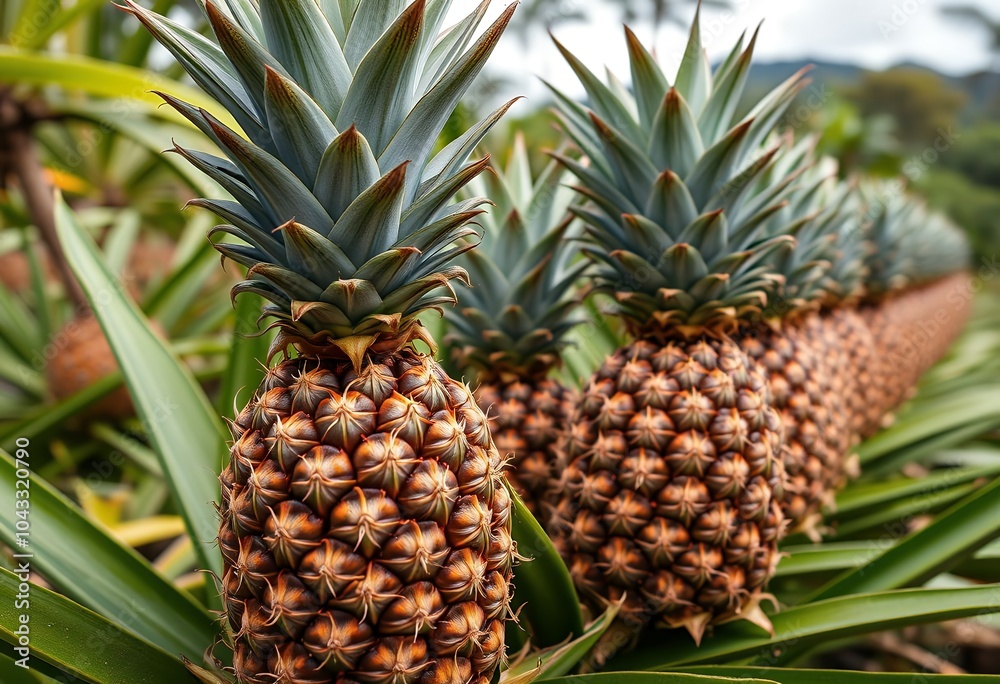 Ripe Pineapples Growing in Tropical Plantation Closeup Ripe Pineapples Growing in Tropical Plantation Closeup