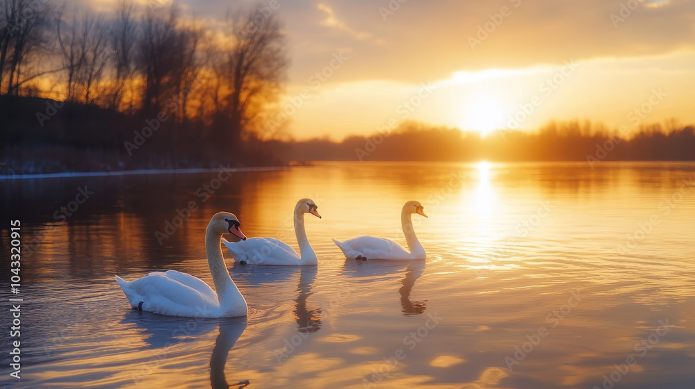 Fototapeta premium Majestic swans glide gracefully across tranquil lake at sunset, reflecting warm hues of sky. serene atmosphere evokes sense of peace and beauty