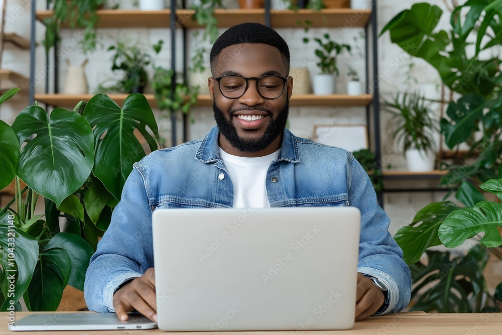 A Young Entrepreneur in a Denim Jacket, Typing on a Laptop in a Modern Coworking Space With Plants and a Casual Vibe A Young Entrepreneur in a Denim Jacket, Typing on a Laptop in a Modern Coworking Space With Plants and a Casual Vibe