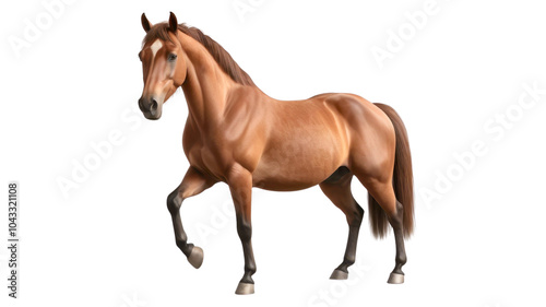 Beautiful chestnut stallion standing isolated on a white pasture