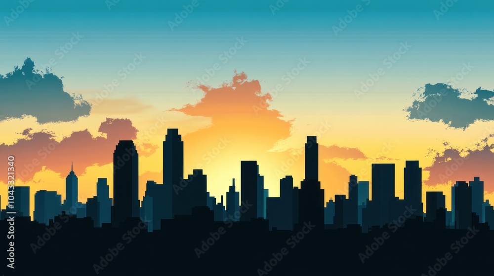 A vibrant sunset silhouette of a city skyline with colorful clouds. A vibrant sunset silhouette of a city skyline with colorful clouds.