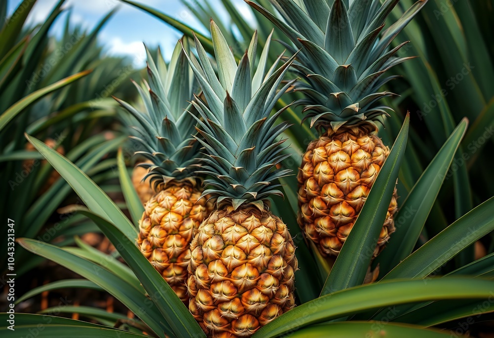 Ripe Pineapples Growing on Plant in Tropical Orchard Ripe Pineapples Growing on Plant in Tropical Orchard