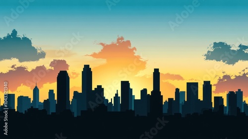 A vibrant sunset silhouette of a city skyline with colorful clouds.