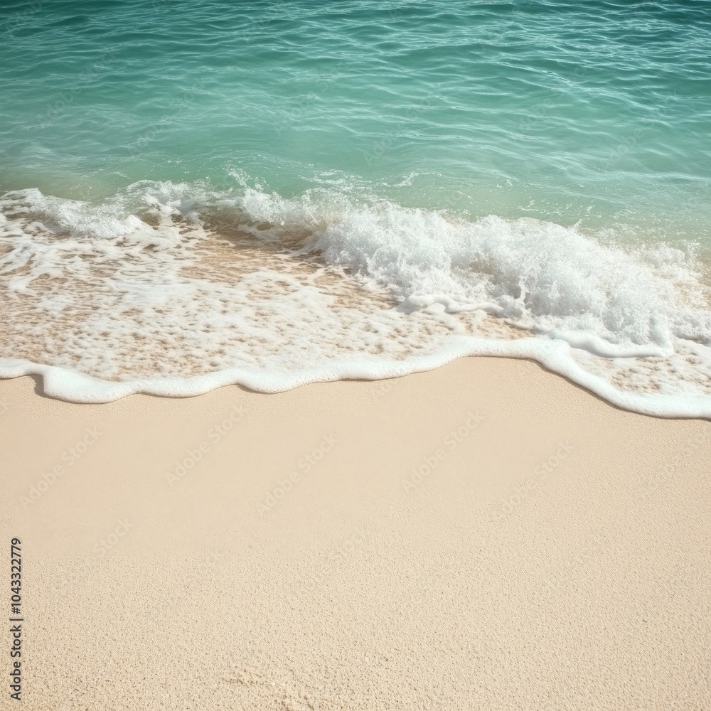 Soft wave breaking on a pristine white sand beach. Turquoise water laps the shore. Soft wave breaking on a pristine white sand beach. Turquoise water laps the shore.