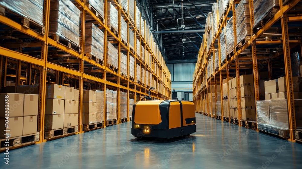 Automated robot in a modern warehouse with shelves full of boxes. Automated robot in a modern warehouse with shelves full of boxes.