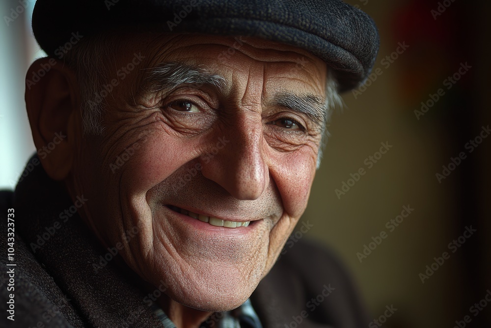 Close-up portrait of an elderly man with a warm and genuine smile, wearing a hat, showcasing the beauty of aging and wisdom. Close-up portrait of an elderly man with a warm and genuine smile, wearing a hat, showcasing the beauty of aging and wisdom.