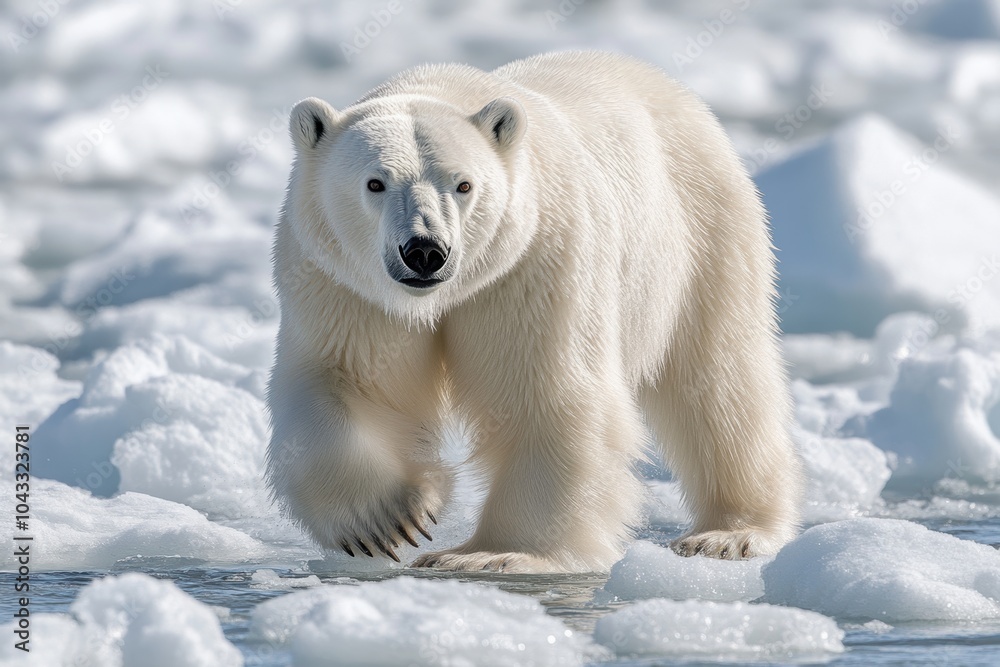 A majestic polar bear walks gracefully across an ice floe, symbolizing the beauty and fragility of Arctic wildlife and the effects of climate change. A majestic polar bear walks gracefully across an ice floe, symbolizing the beauty and fragility of Arctic wildlife and the effects of climate change.