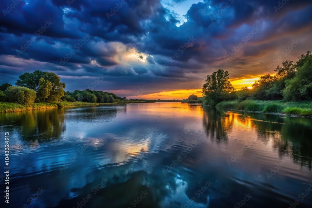 River landscape in evening with dark glowing sky point of view River landscape in evening with dark glowing sky point of view