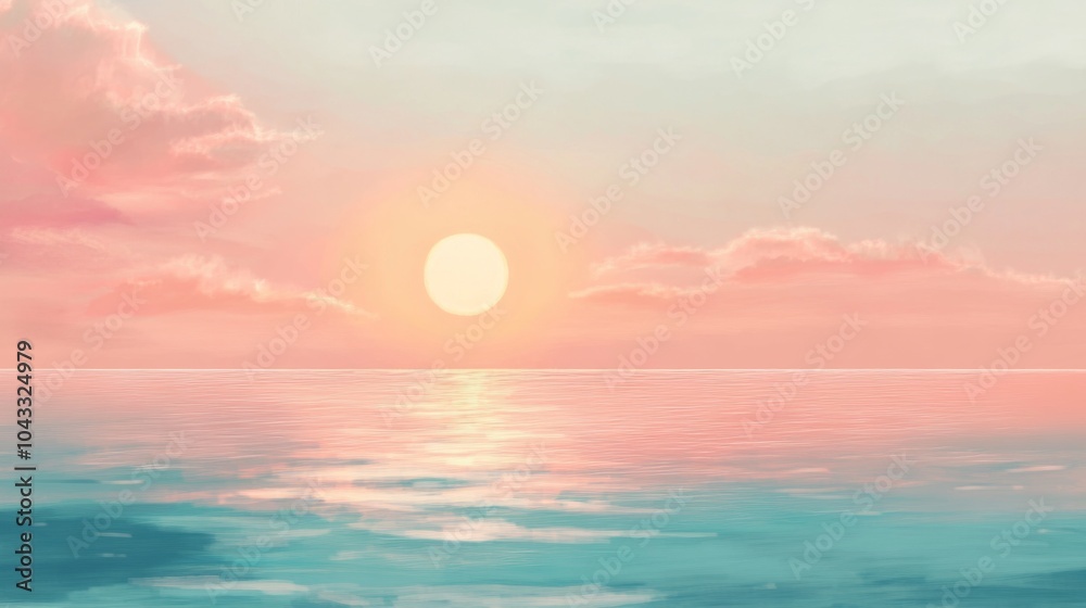 Fototapeta premium A serene sunset over a calm ocean with a warm, pink and orange sky.