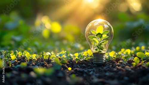 Closeup of a light bulb with a thriving plant inside, representing sustainability and ecofriendly energy, clean and bright background photo