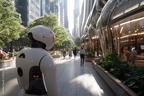 A robot stands overlooking a futuristic city street filled with people, blending into the urban environment and symbolizing technological advancement and modern life. photo