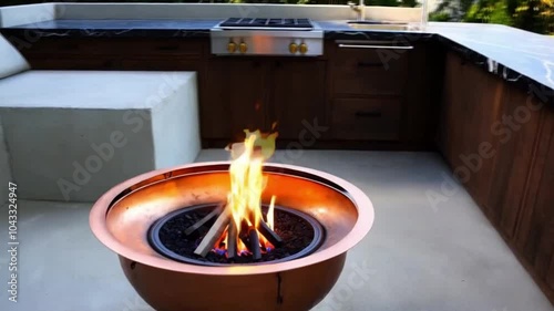 A glowing, copper fire pit sits in the center of a modern patio, surrounded by minimalist concrete seating. The outdoor kitchen, designed with dark wood and black marble countertops, adds elegance to 