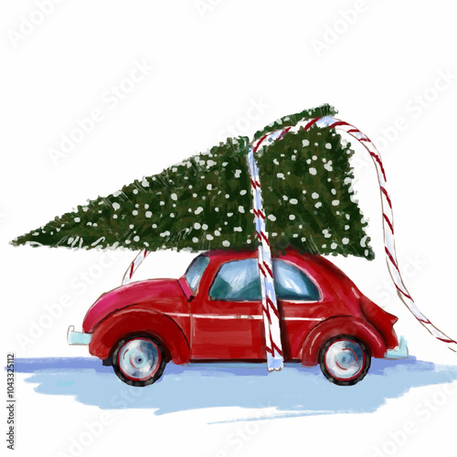 Red Vintage Car Carrying Christmas Tree on Roof