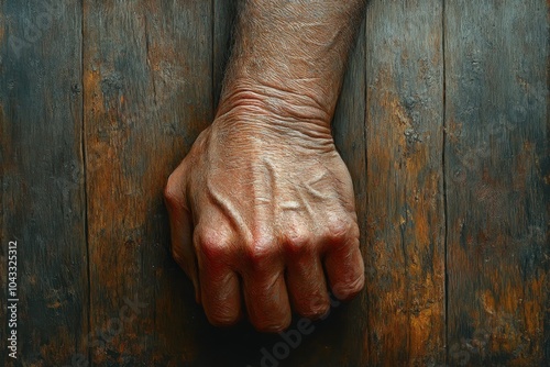 A close-up of a hand holding a heavy chain, the links thick and rusty, representing the weight and burden of extremist ideologies. photo