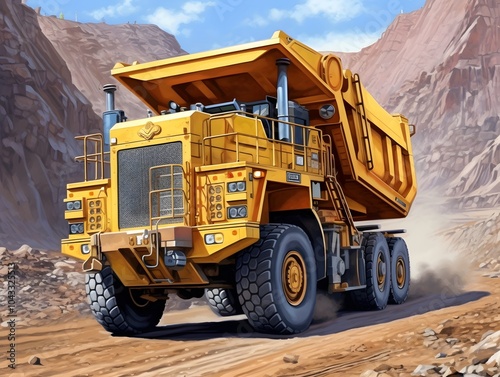 Massive yellow dump truck in quarry - industry powerhouse in action photo