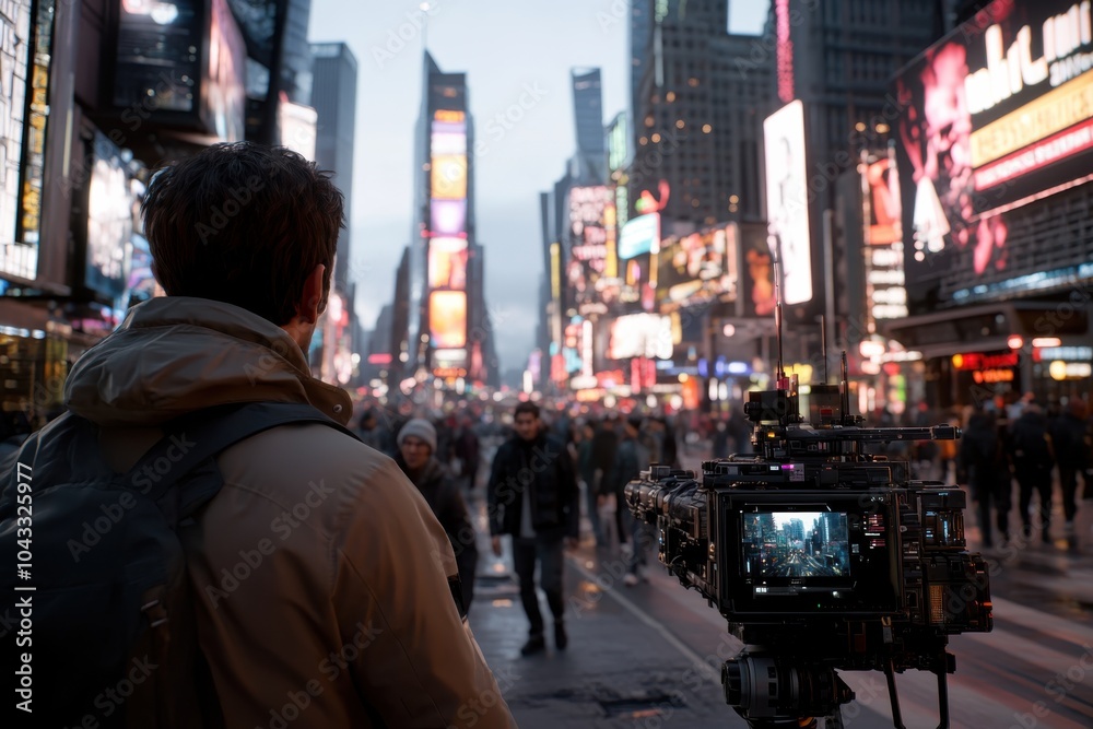 Obraz premium A filmmaker with a camera documents the dynamic urban cityscape at twilight, capturing the vibrant colors and bustling activities in a modern metropolis.