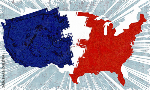 Принти на полотні divided usa outline of america with ragged split red and blue republican and dem