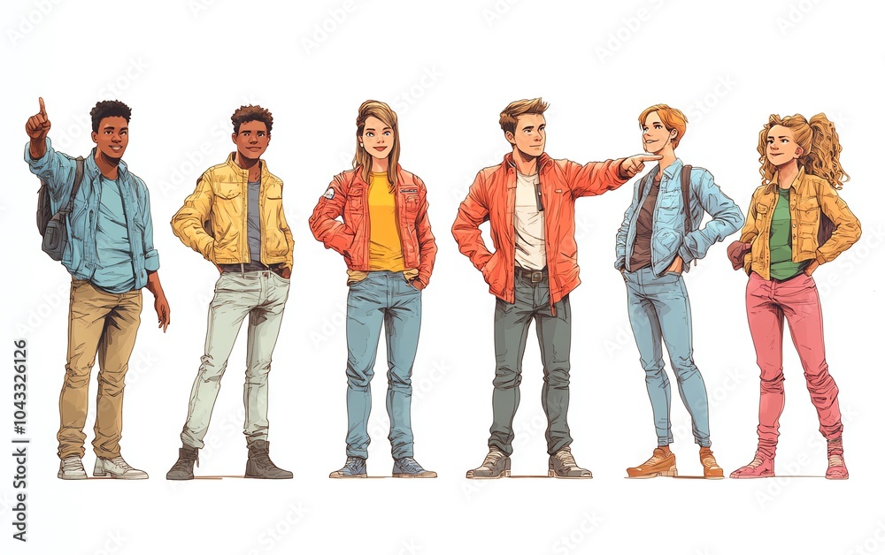 Fototapeta premium Colorful cartoonstyle depiction of young professionals, standing in a row and pointing to the side, isolated on a pure white background, embodying a sense of direction and purpose