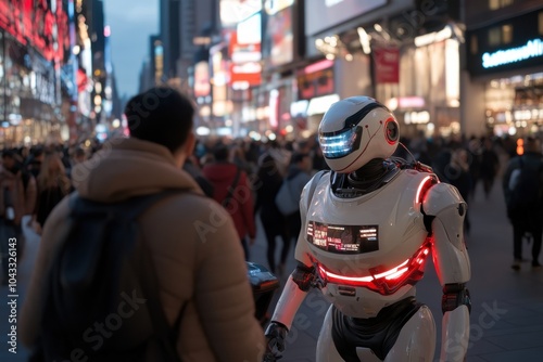 Wallpaper Mural A humanoid robot and a person engage in conversation on a crowded street at night, highlighting the integration of technology in urban settings. Torontodigital.ca