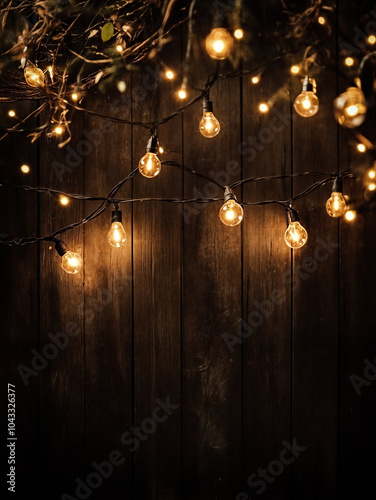 Dark wood wall background with hanging Edison bulbs.