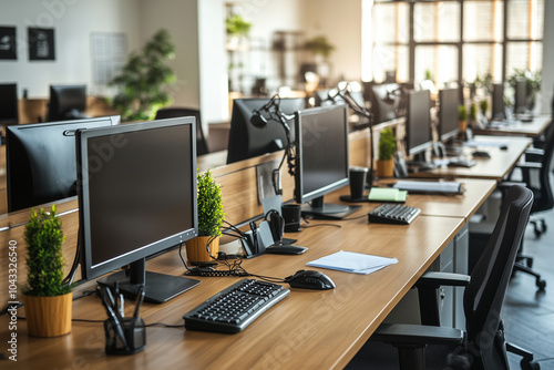 Wide-angle shot of a clean professional office with computers