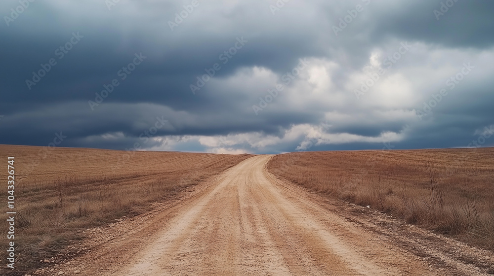 Dirt road winding through a barren landscape under a cloudy sky, leading towards a distant horizon