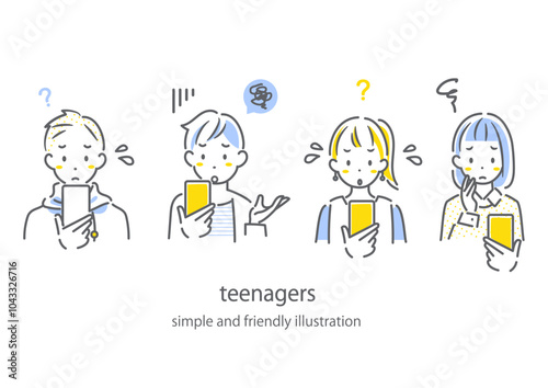 スマホについて悩む10代　シンプルでお洒落な線画イラスト