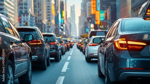 A bustling city street scene featuring a line of cars in traffic, surrounded by tall buildings and colorful lights.