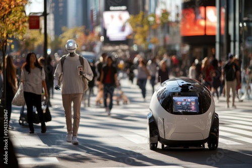 Wallpaper Mural A humanoid robot navigates through a lively city street alongside autonomous devices, reflecting the intersection of human innovation and artificial intelligence in daily life. Torontodigital.ca