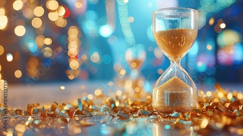 Hourglass with golden sand at a new years eve party blurred background.