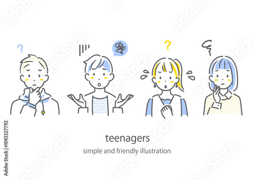 困る10代の学生たち　シンプルでお洒落な線画イラスト