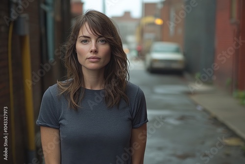 A woman standing in a dark alley, her expression stern and resolute, symbolizing the solitary and defensive nature of alt-right beliefs.