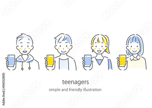 スマートフォンに満足している10代の若者　シンプルでお洒落な線画イラスト