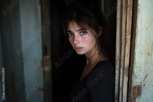A woman standing in a doorway, half in shadow, her expression unreadable, suggesting the hidden motivations behind extremist beliefs.